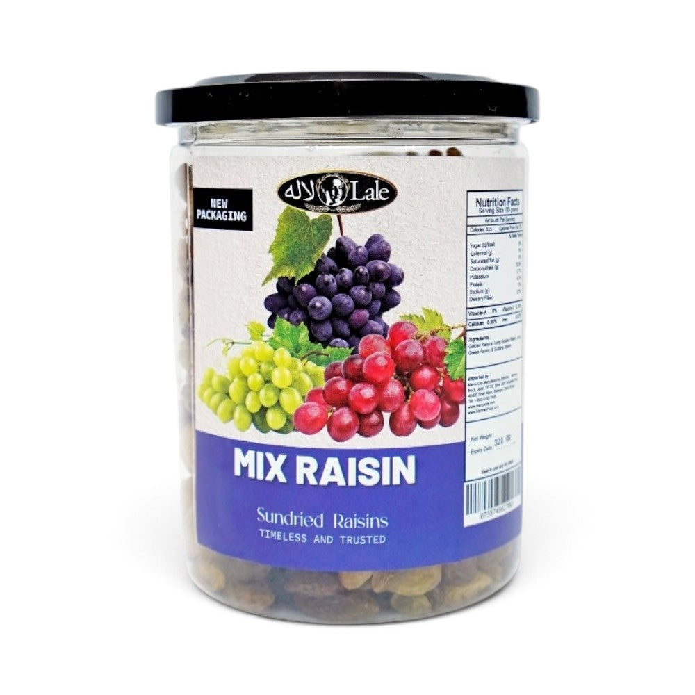 Mahnaz Food mix raisin jar featuring sundried raisins with a label showing fresh green, red, and black grapes