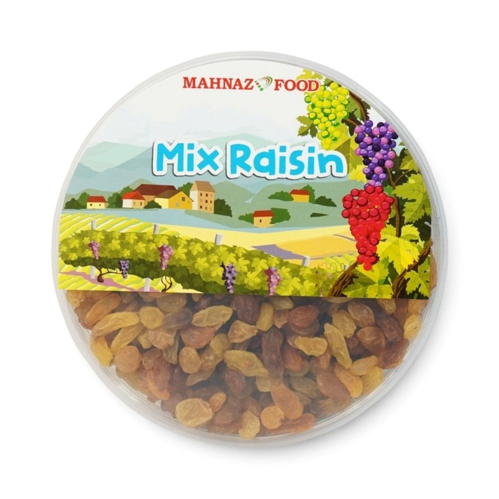Mahnaz Food mix raisins in a clear round container with a label featuring a vineyard illustration