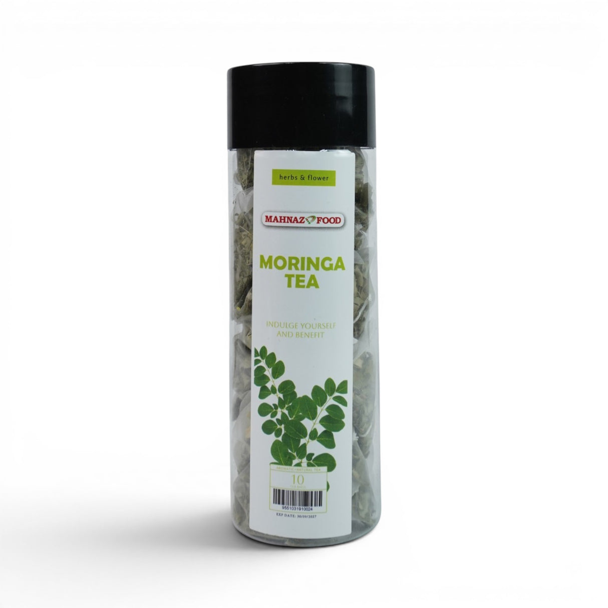 Mahnaz Food Moringa Herbal Tea Bags, 10 pyramid tea bags in a clear plastic jar with a black lid. Features moringa leaves illustration.
