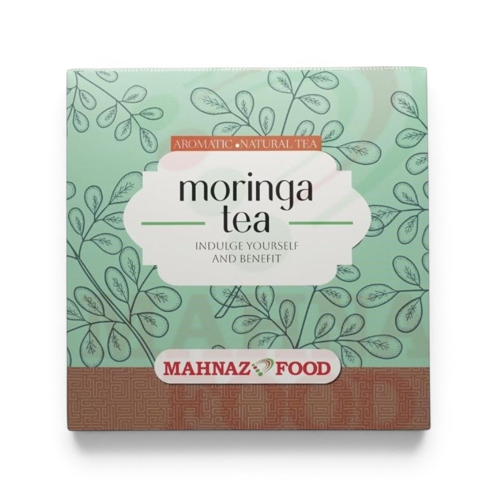 Mahnaz Food Moringa Herbal Tea Bags, aromatic natural tea, caffeine-free, box with green leaf pattern.