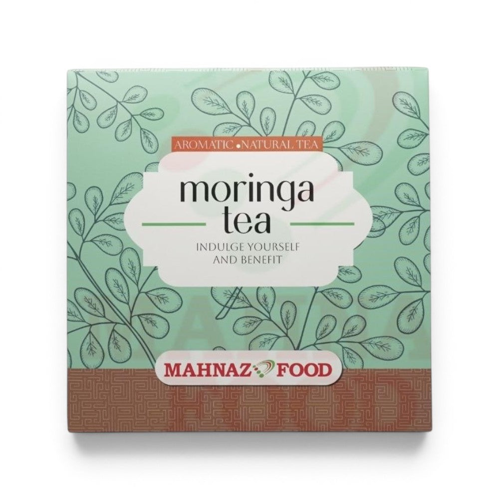 Mahnaz Food Moringa Herbal Tea Bags, 6 count, aromatic natural tea, caffeine-free, box with green leaf design.