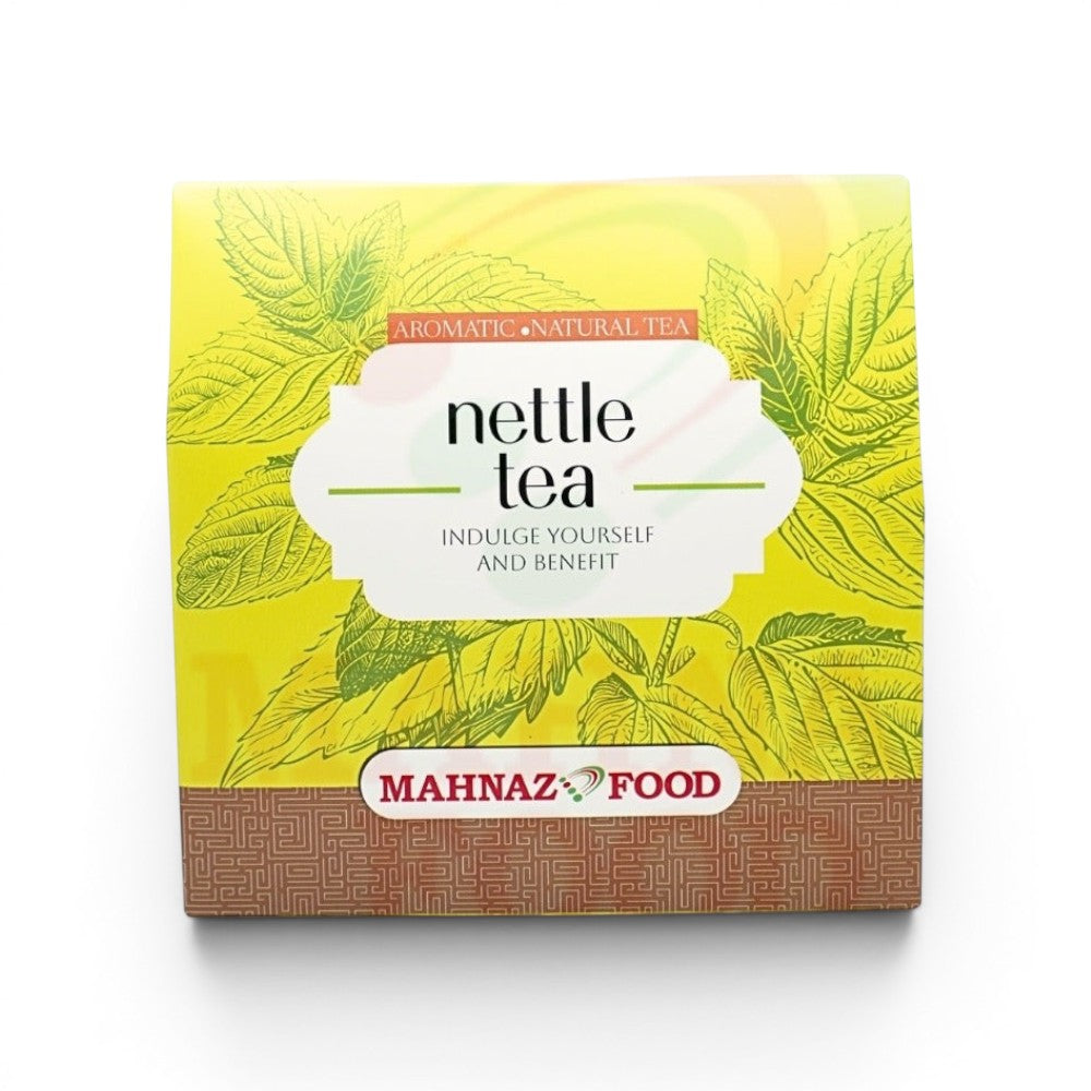 Mahnaz Food nettle tea box with green nettle leaf illustrations and a white label.