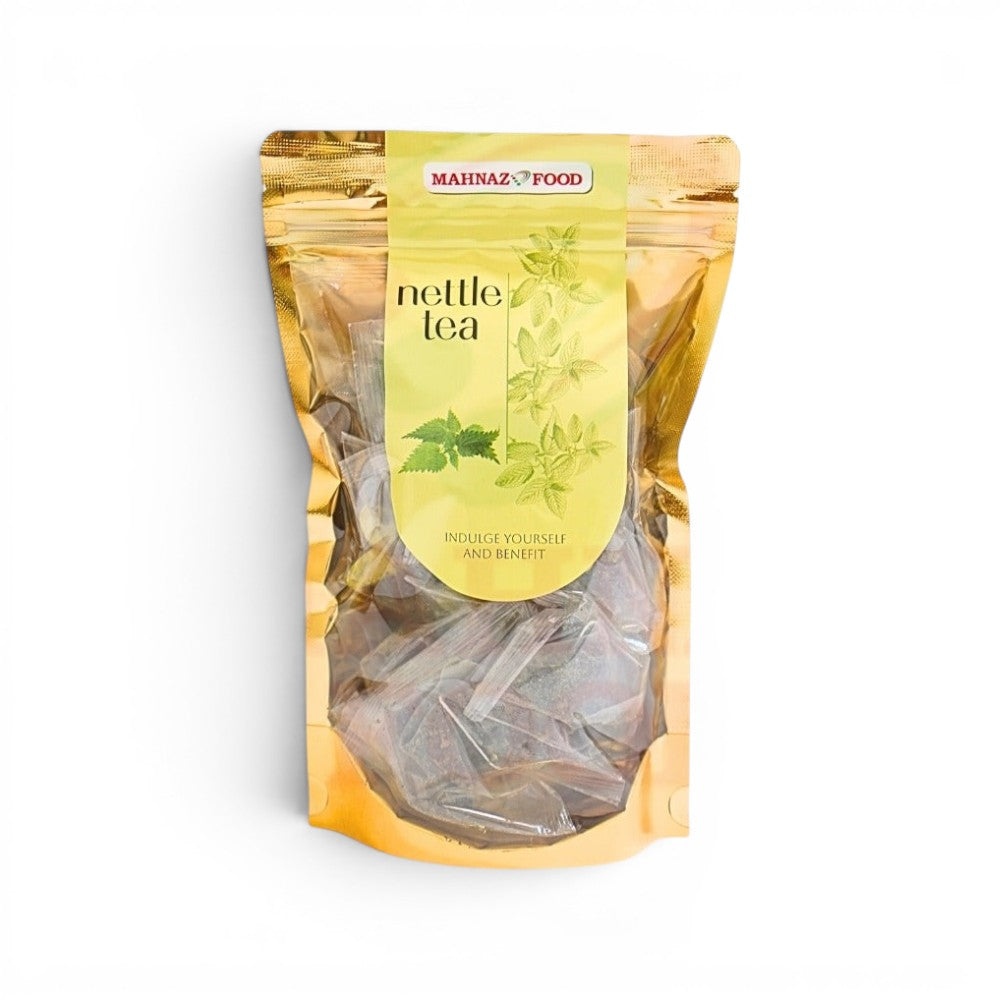 Mahnaz Food nettle tea in individual biodegradable teabags, smooth earthy flavour, caffeine-free herbal tea.