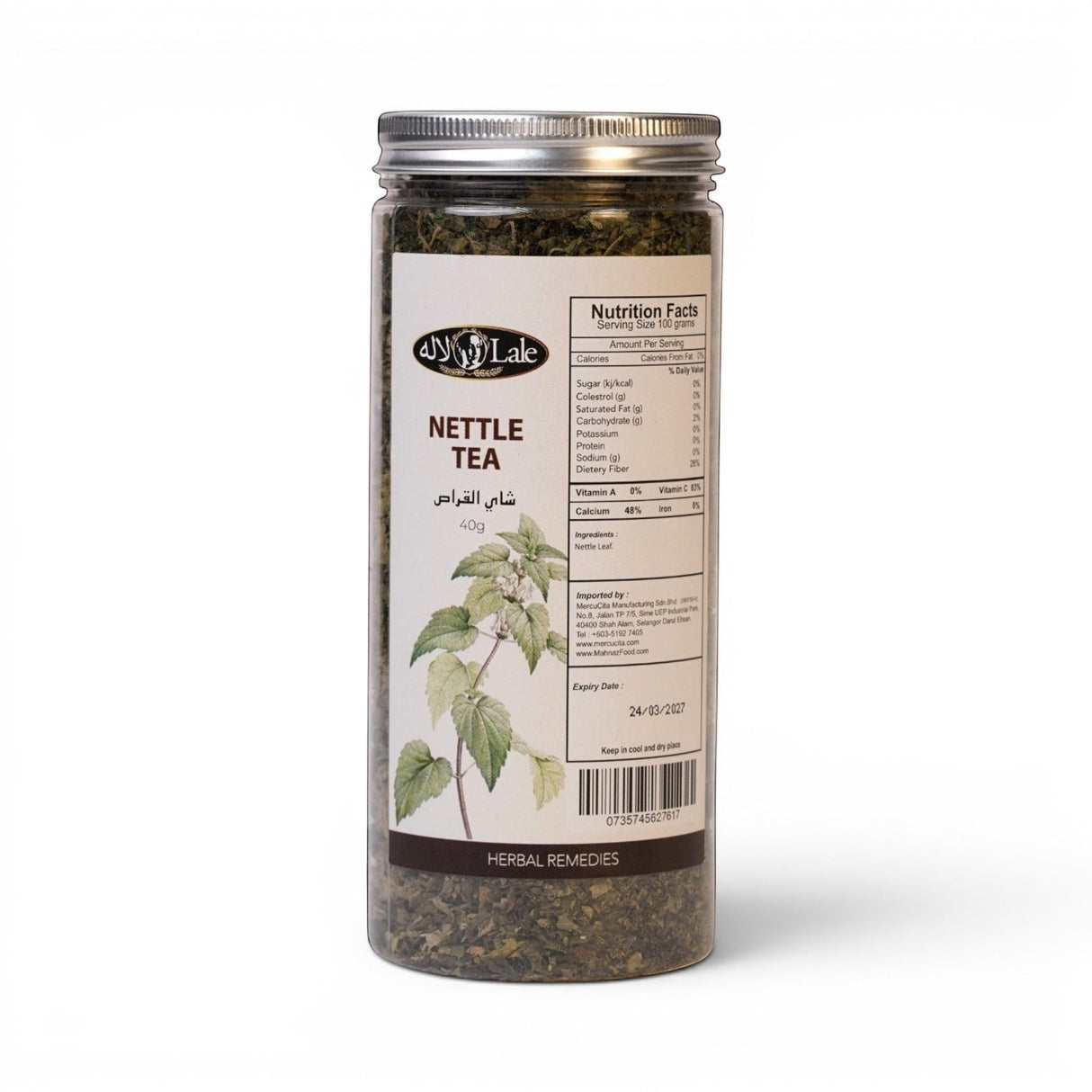 Mahnaz Food Nettle Tea in a clear jar with dried leaves, featuring a label with nutritional information and a botanical illustration of the nettle plant.