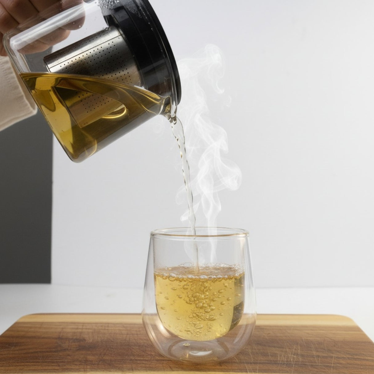 Mahnaz Food Aromatic Natural Nettle Tea being poured into a clear double-walled glass on a wooden cutting board.