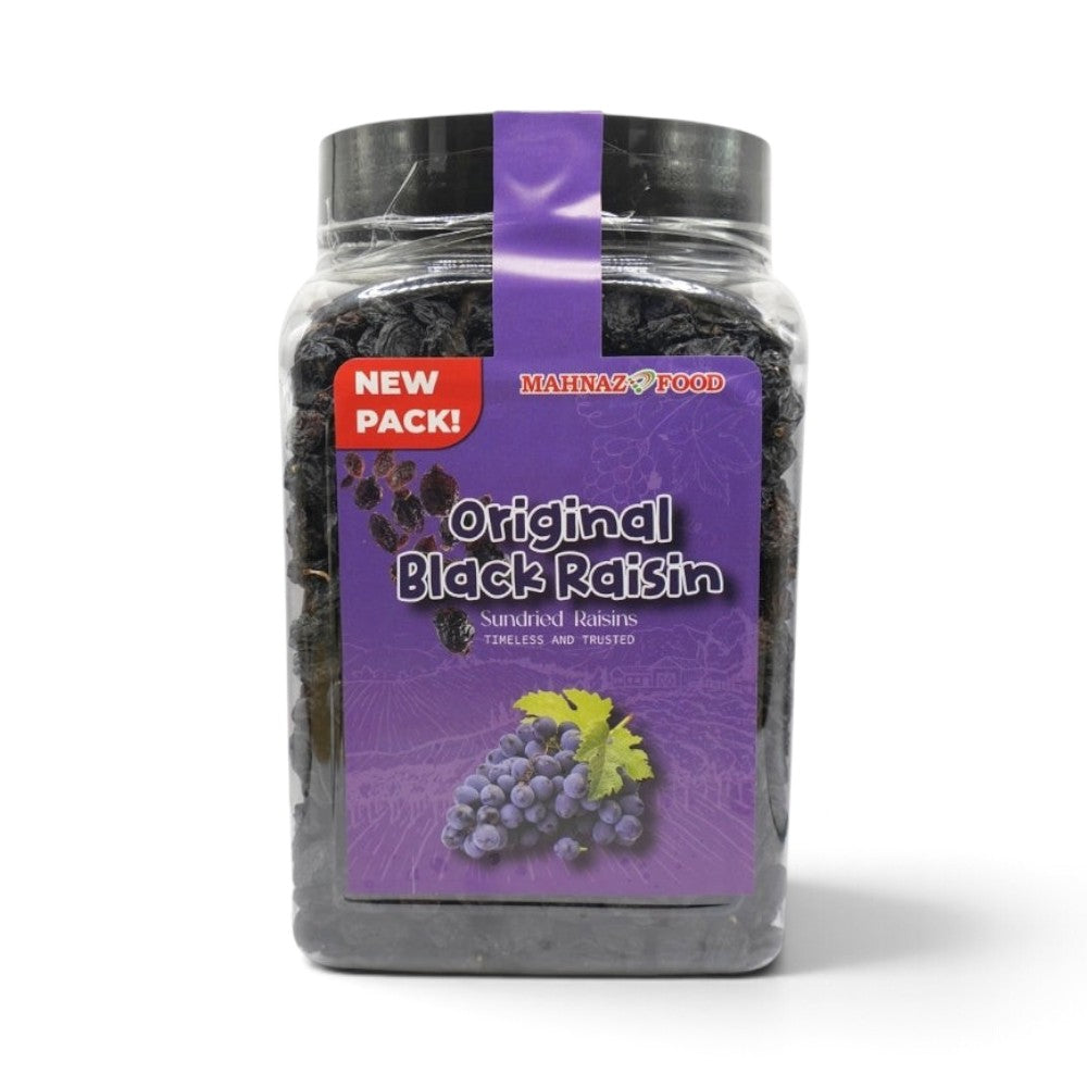 Mahnaz Food 1kg jar of original sundried black raisins with a purple label featuring a grape illustration