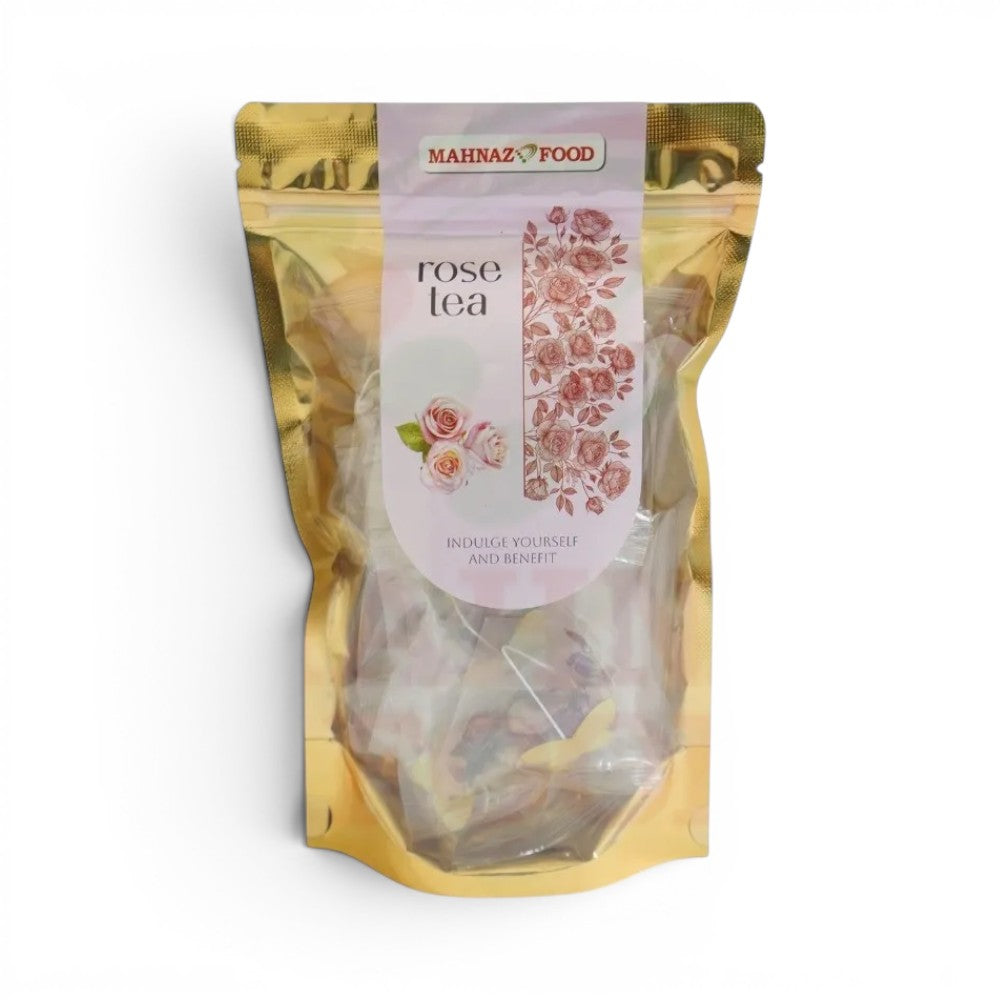 Mahnaz Food rose tea in individual teabags, featuring a floral design and the text "Indulge Yourself and Benefit."
