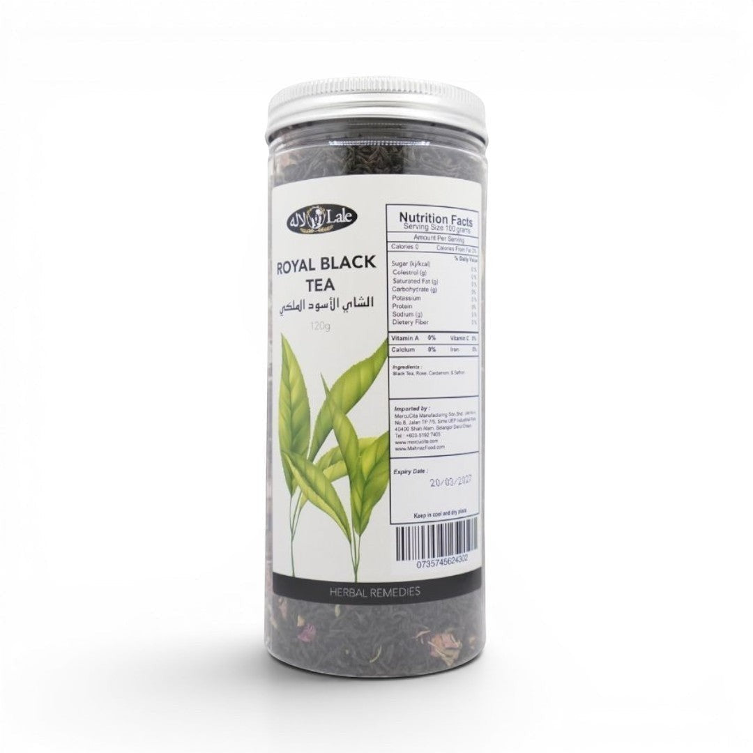 Mahnaz Food Royal Black Tea loose leaf herbal remedy in a clear jar with nutrition facts and ingredients listed. 120g.