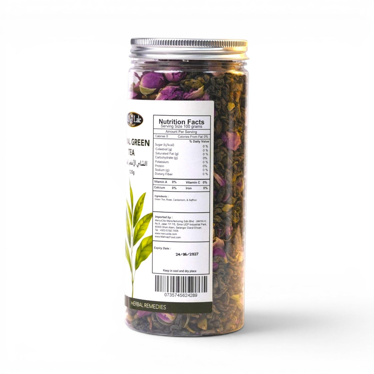 Mahnaz Food Royal Green Tea loose leaf blend with dried rose buds and green tea leaves, 120g jar.