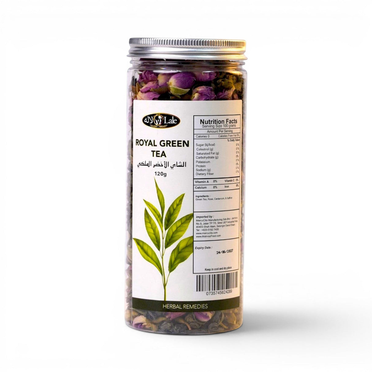 Mahnaz Food Royal Green Tea loose leaf blend with dried rose buds and green tea leaves, 120g jar.