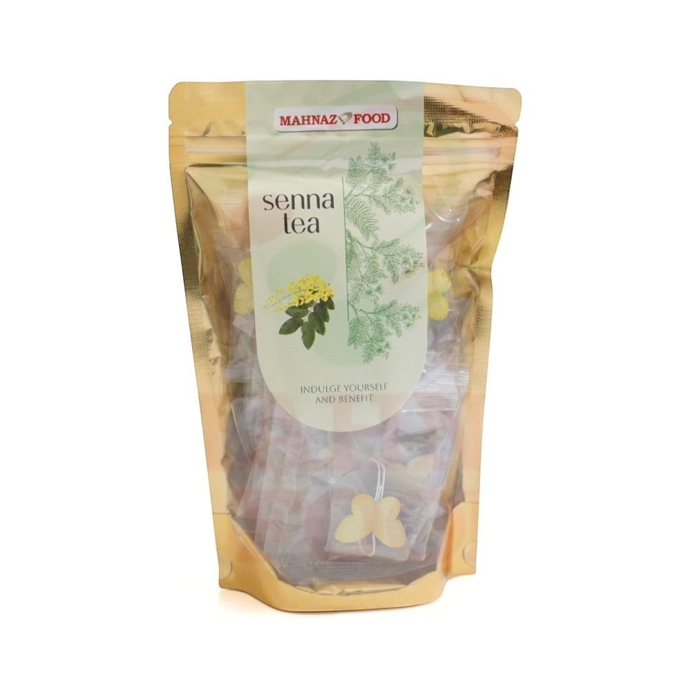 Mahnaz Food Senna Tea in a gold resealable pouch, featuring 10 individually wrapped teabags with natural herbal leaves.