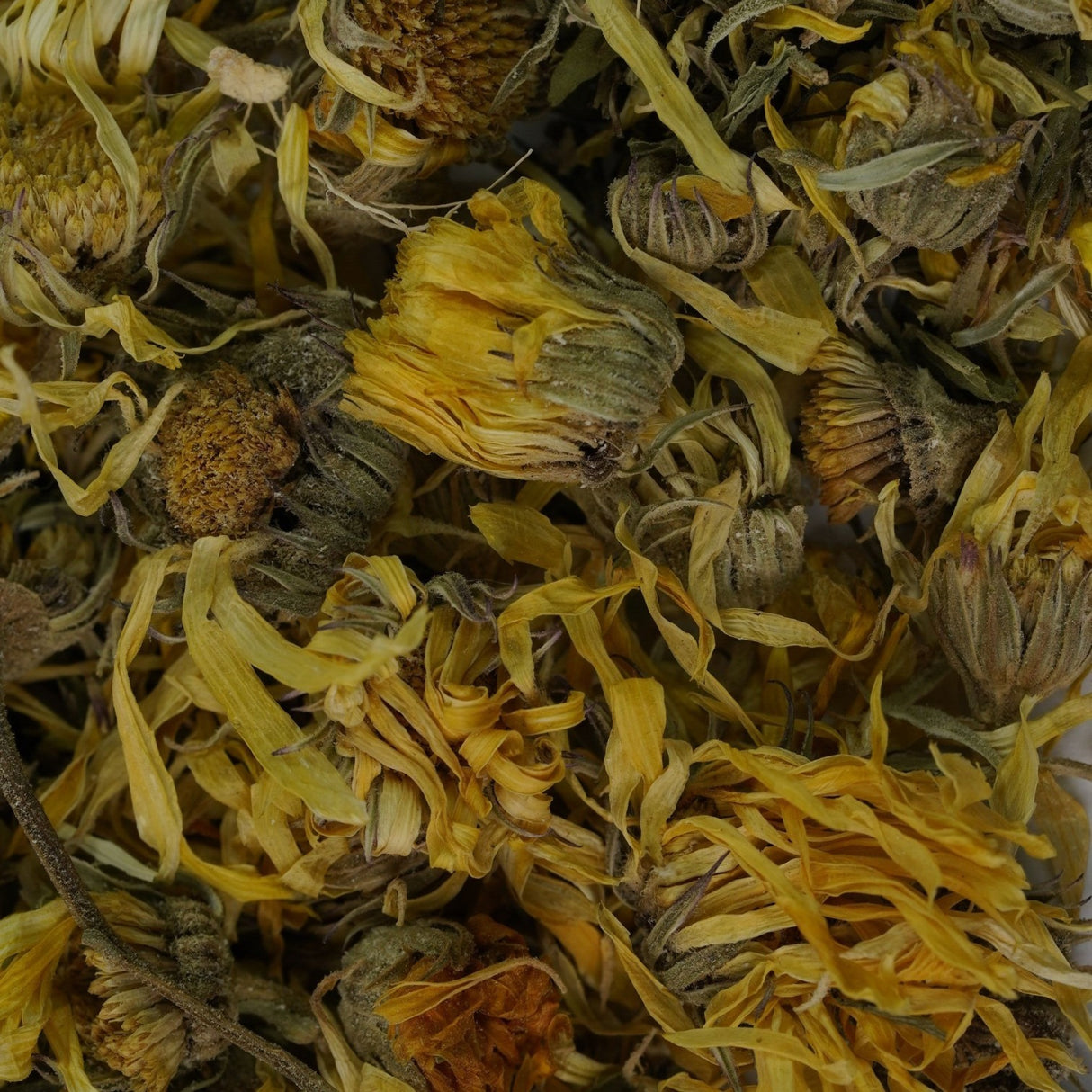 Mahnaz Food loose leaf sugar balance herbal tea blend with ginger, dill, dandelion, and mint. Yellow and green dried flowers.