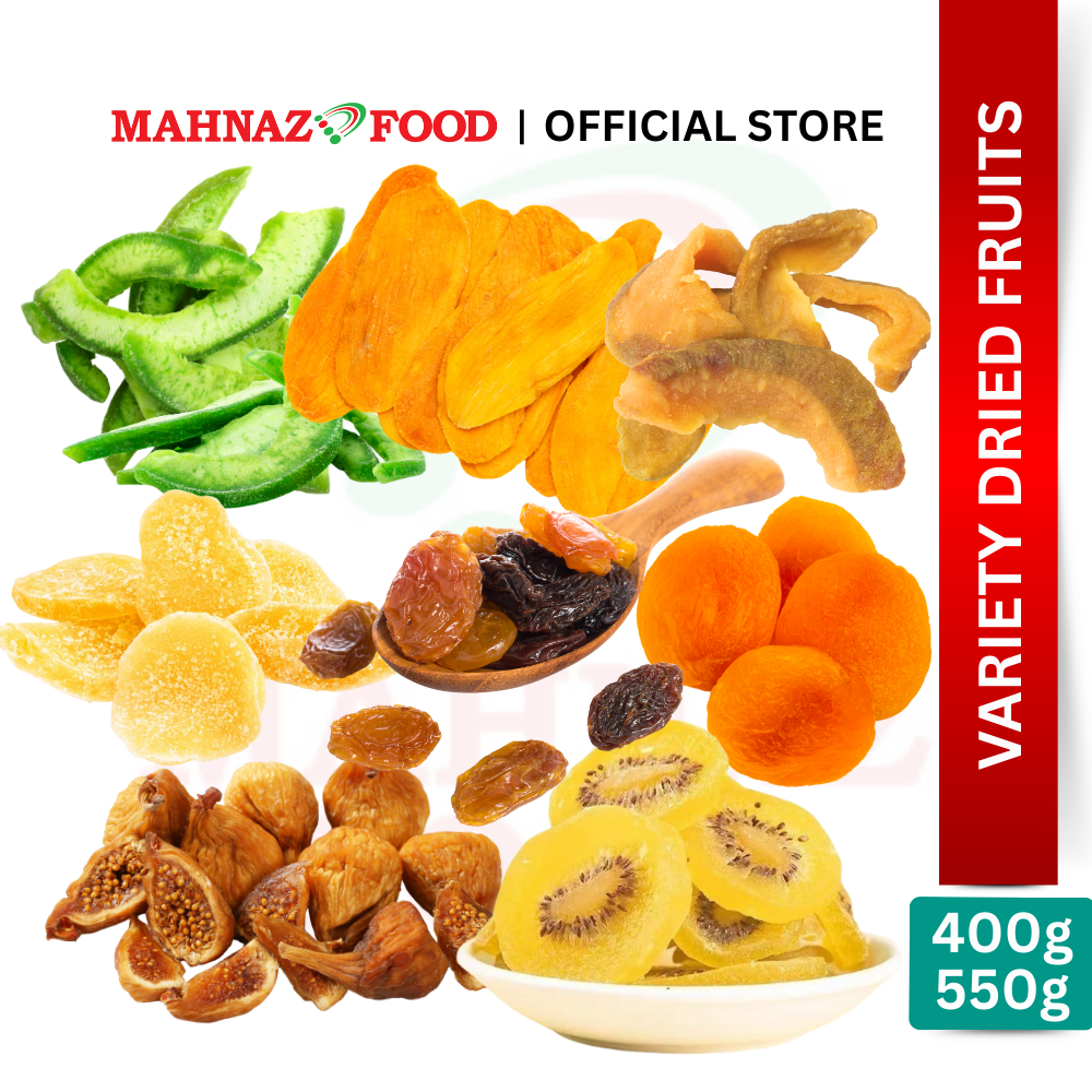 Mahnaz Food Variety Dried Fruits Round Container 400g – 550g | Premium Snack | Healthy Gift Set | Mix Buah Kering | 干果礼盒