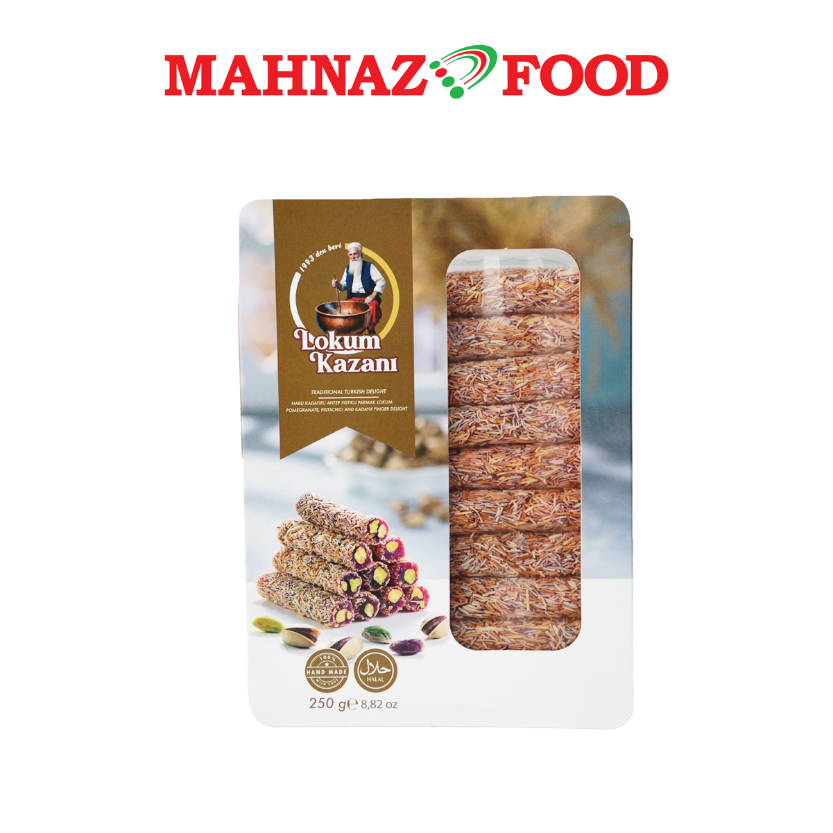 Mahnaz Food Lokum Kazani Turkish Delight Pomegranate Pistachio And Kadayif Finger Delight 250g Made in Turkey