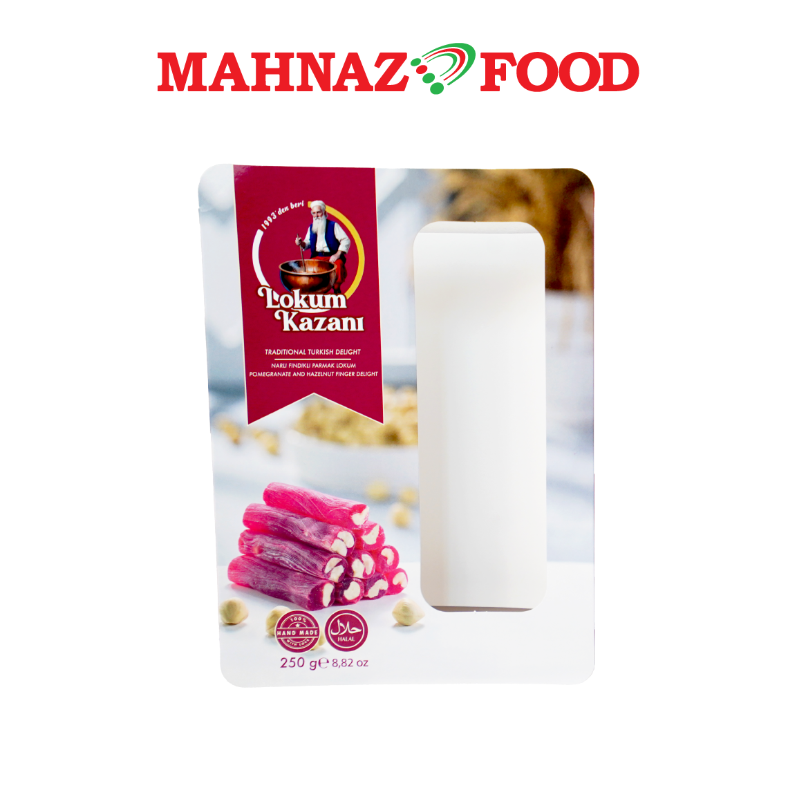 Mahnaz Food Lokum Kazani Turkish Delight Pomegranate And Hazelnut Finger Delight 250g Made in Turkey