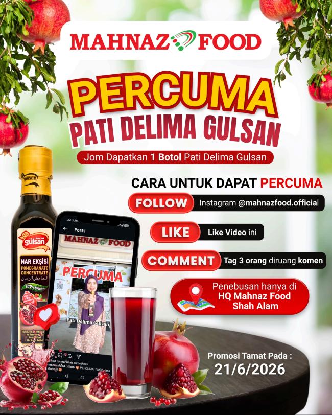 Gulsan Pomegranate Concentrate Pati Delima 250ml bottle beside a glass of pomegranate drink at Mahnaz Food