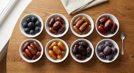 Dishes showing eight different date varieties side by side