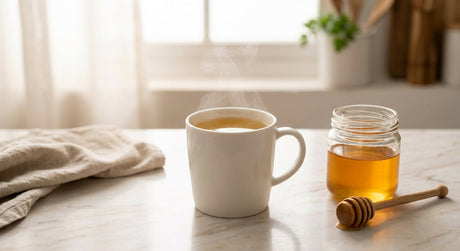 A warm mug of herbal tea with a jar of honey and a spoon on a kitchen counter