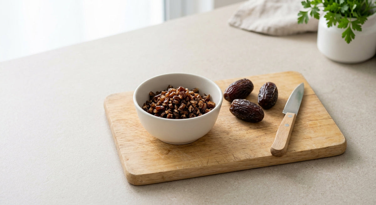 Finely chopped dates in a small bowl beside whole dates on a wooden board