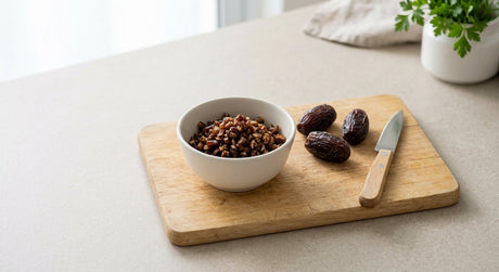 Finely chopped dates in a small bowl beside whole dates on a wooden board