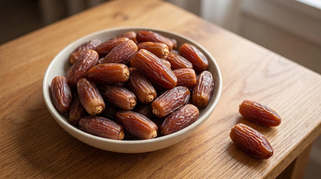 Semangkuk kurma Mabroom yang panjang dan ramping berwarna coklat kemerahan gelap