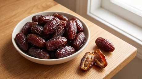 Bowl of large glossy dark reddish-brown Medjool dates on a wooden table