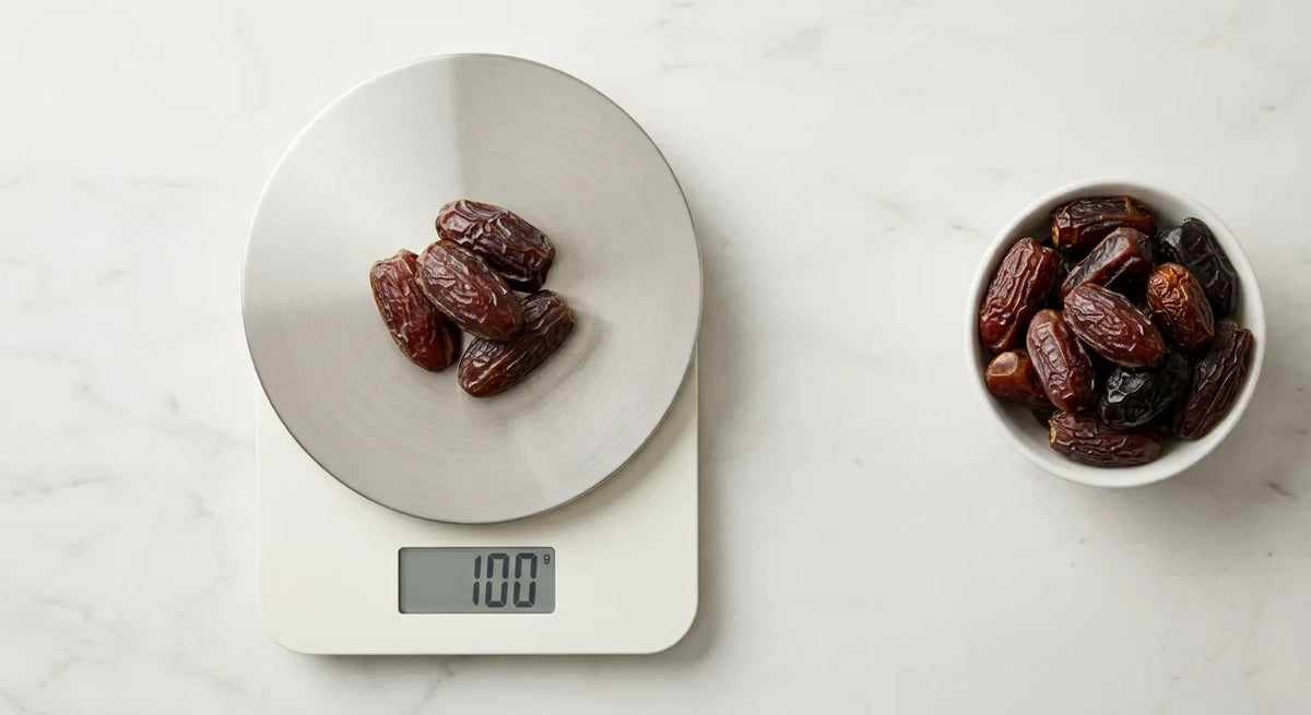 Dates arranged beside a kitchen scale and a small bowl on a clean surface
