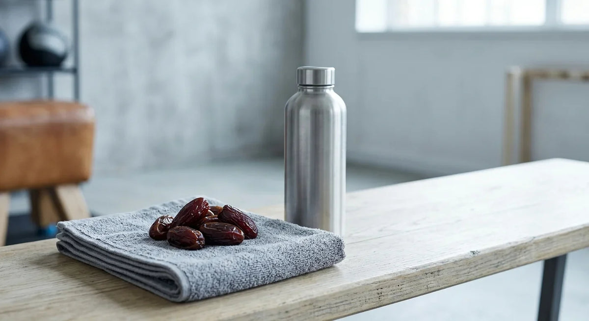 Dates and a water bottle on a bench beside a gym towel