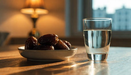 A dish of dates and a glass of water on a table at dusk, ready for iftar