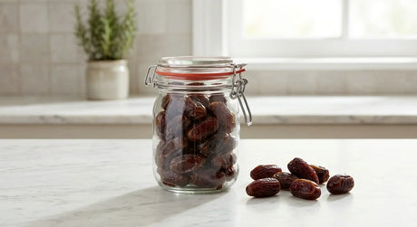 Dates in a sealed glass jar on a kitchen counter beside loose dates Alt text (BM): Kurma dalam balang kaca bertutup di atas meja dapur bersebelahan kurma yang berselerak