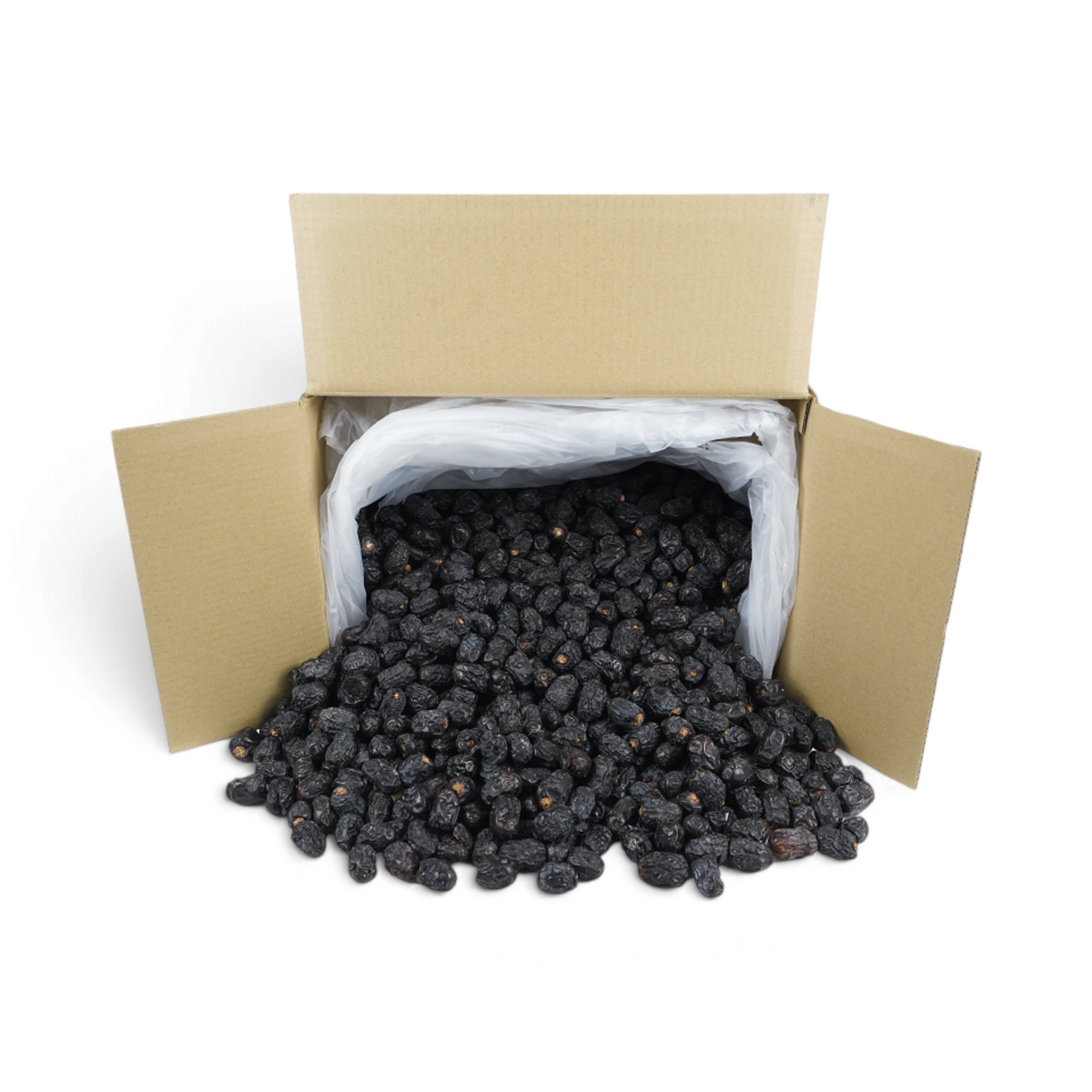 Mahnaz Food 5kg wholesale box of premium Grade AA Ajwa dates from Madinah with deep black skin and wrinkled texture.