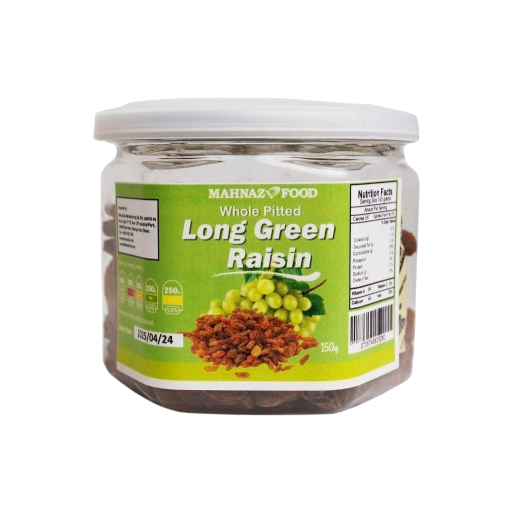 Mahnaz Food long green raisins in a clear plastic jar with a white lid and product label