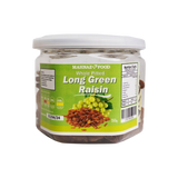 Mahnaz Food long green raisins in a clear plastic jar with a white lid and product label