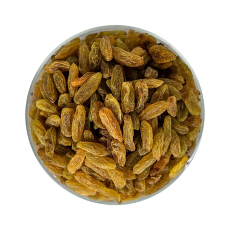Mahnaz Food long green raisins in a glass bowl, a healthy dried fruit snack for baking and cooking.