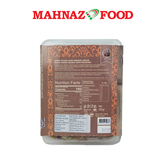 Mahnaz Food Lokum Kazani Turkish Delight Plain Finger Delight With Pistachio 250g Made in Turkey