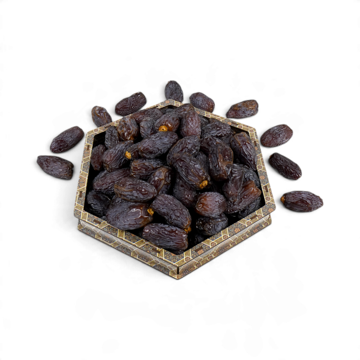 Mahnaz Food Qamar Palestinian jumbo Medjoul dates in a decorative hexagonal wooden tray on a white background.