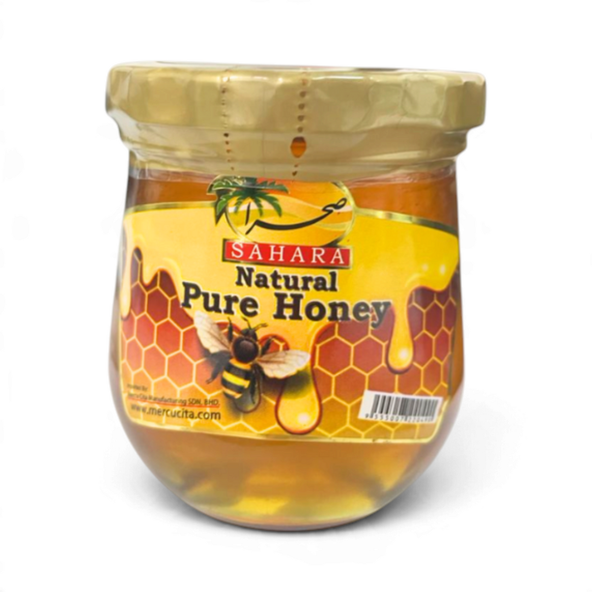 Mahnaz Food Sahara natural pure honey in a 250g glass jar with a honeycomb label design for festive gifting