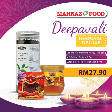 Mahnaz Food Deepavali Deluxe gift set featuring natural honey, saffron, and Ceylon black tea for festive celebrations.
