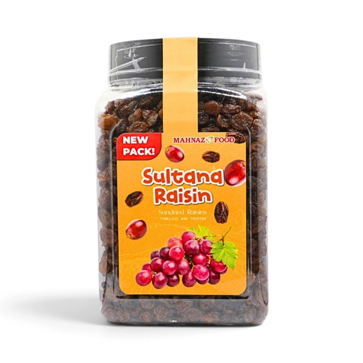 Mahnaz Food 1kg jar of premium sundried sultana raisins with a clear label and black lid