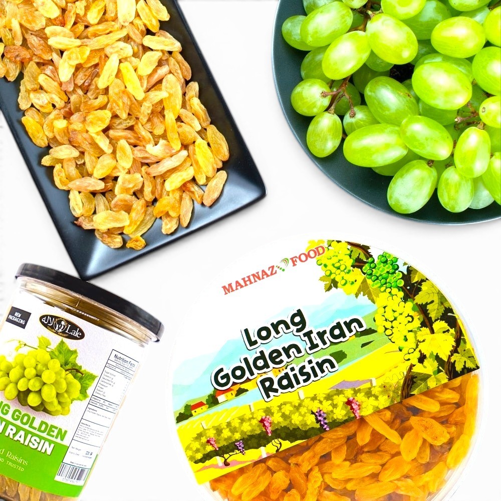 Mahnaz Food long golden Iranian raisins in a container with fresh green grapes and a bowl of dried raisins
