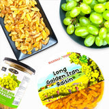 Mahnaz Food long golden Iranian raisins in a container with fresh green grapes and a bowl of dried raisins