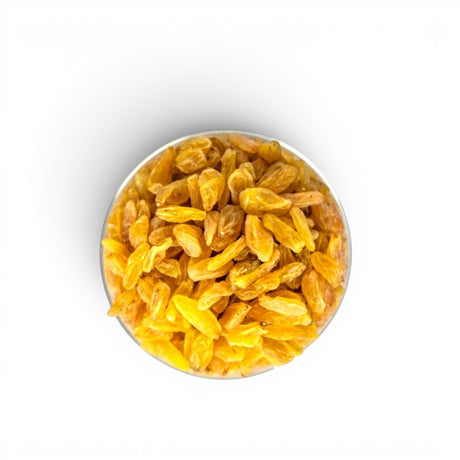 Mahnaz Food long golden raisins in a glass bowl, a healthy dried fruit snack.