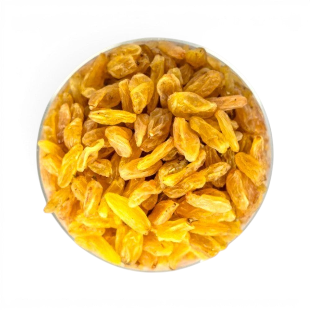 Mahnaz Food long golden raisins in a glass bowl, a healthy dried fruit snack.