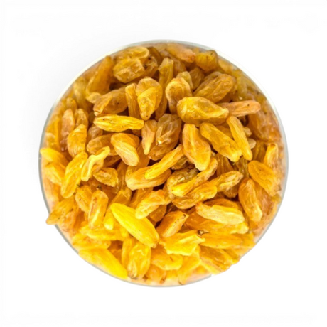 Mahnaz Food long golden raisins in a glass bowl, a healthy dried fruit snack.
