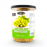 Mahnaz Food long golden Iranian raisins in a clear plastic jar with a black lid and green product label.