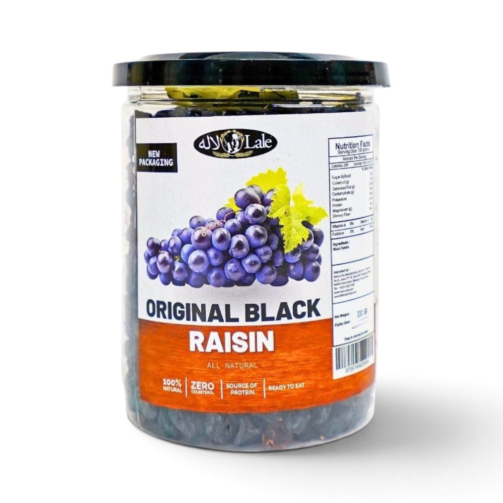Mahnaz Food original black raisins in a clear plastic jar with black lid and nutritional information label