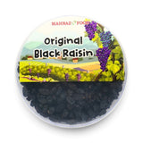 Mahnaz Food original black raisins in a clear 600g container with a vineyard illustration on the label