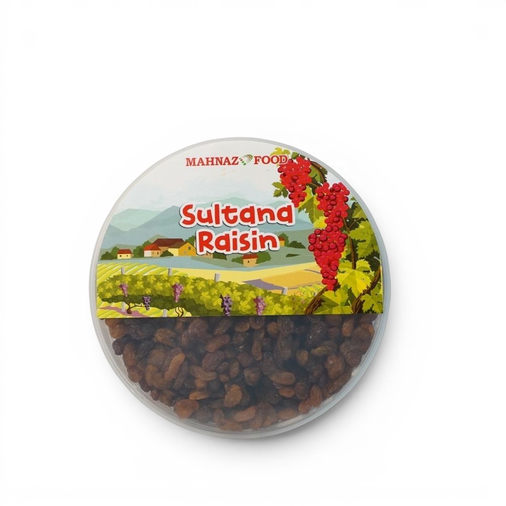 Mahnaz Food Sultana raisins in a clear round plastic container with a vineyard-themed label.