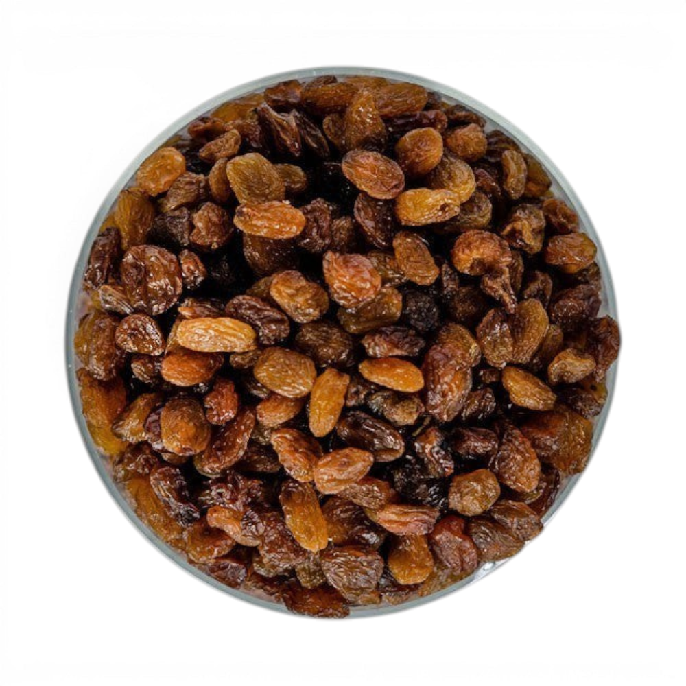 Mahnaz Food bowl filled with sweet dried sultana raisins, a healthy snack rich in fiber and antioxidants.