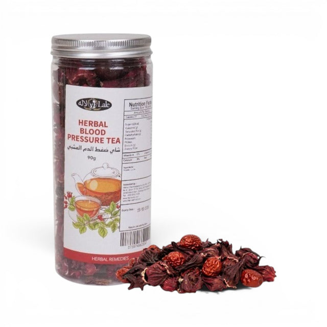Mahnaz Food Herbal Blood Pressure Tea loose leaf blend of roselle and jujube, 70g jar with loose tea leaves.